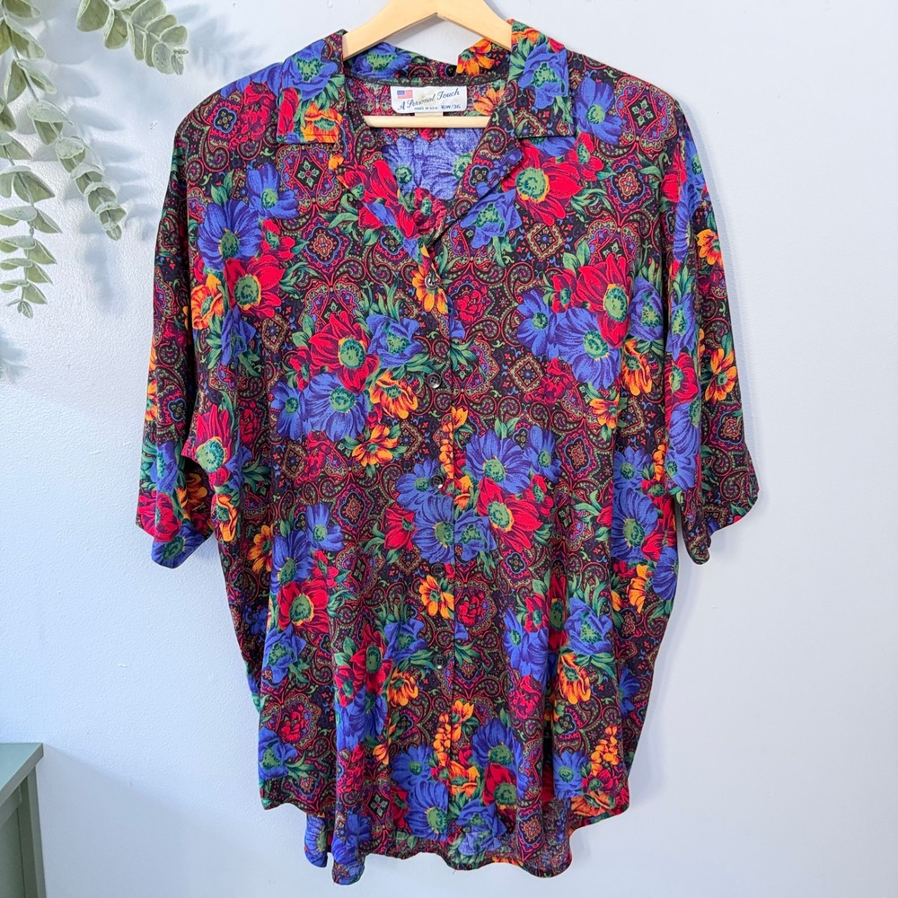Vtg Button Down Shirt Grannycore Whimsigoth Artsy Floral Paisley Women's 16W